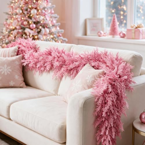 12FT Pink Christmas Cedar Garland, Realistic Artificial Garland, Soft Pastel Xmas Decorations Indoor Outdoor, Faux Holiday Garland for Mantle, Fireplace, Table, Door, Wedding Party Decor