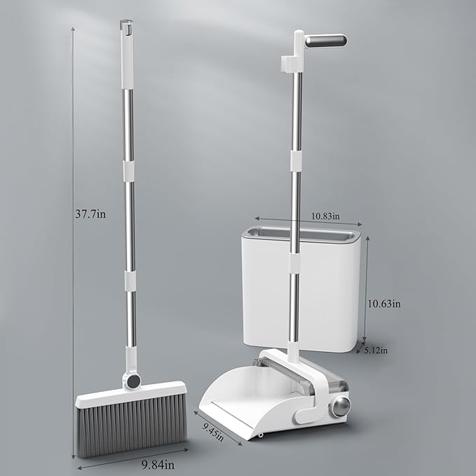 Self-Dropping Broom & Dustpan Set with Free Hand Brush – 3-Layer Sharpened Bristles, 180° Rotating Head, 90° Foldable, Stainless Steel Handle