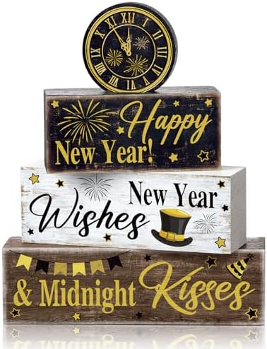 Moucuny 4 Pcs New Year Table Decorations, Happy New Year Wood Block Sign