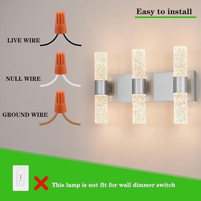Modern Vanity Light, LED Vanity Light Fixture Brushed Nickel, Crystal Bathroom Lighting Fixtures over Mirror, Wall Lighting Fixtures for Bath, Wall Sconce for Bedroom Living Room, 27W Warm White