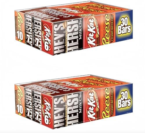 Hershey uxApzl Chocolate Candy Bar Variety Pack, HERSHEYS Milk Chocolate With Almonds, HERSHEYS Milk Chocolate, REESES Peanut Butter Cups, and KIT KAT Bars 30 Count Box (2 Pack)