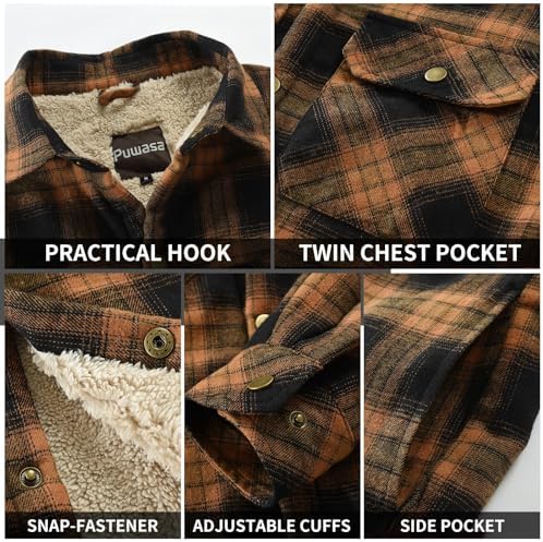Men's Sherpa Cotton Flannel Shirt Jacket Plaid Button Coat Pocket