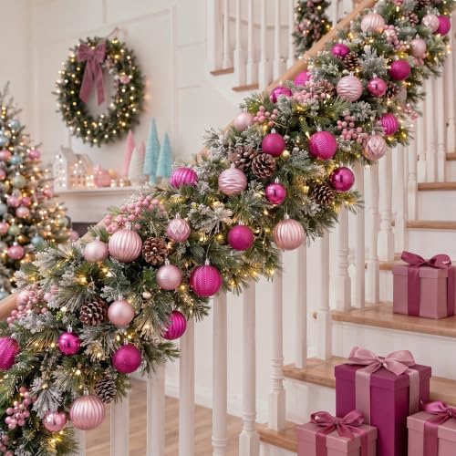 Lunmon 64 Pcs Hot and Light Pink Christmas Ball Ornaments Set