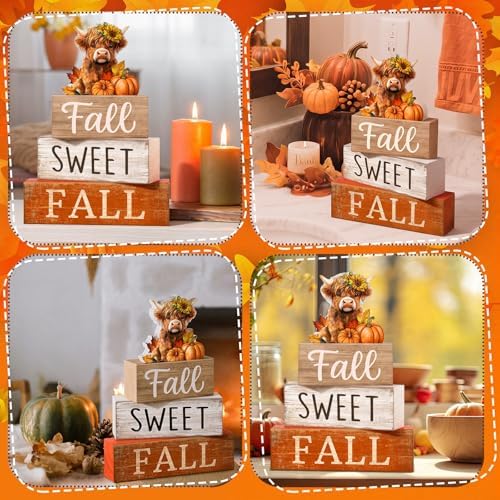 Moucuny 4 Pcs Highland Cow Fall Table Decorations, Sweet Fall Pumpkin Signs