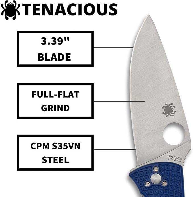 Spyderco Tenacious Lightweight Folding Pocket Knife, PlainEdge | 7.77" Overall Length, 3.9" CPM S35VN Steel Blade, Blue, FRN Handle, LinerLock, Full-Flat Grind
