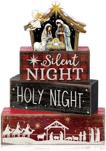 Moucuny 4 Pcs Christmas Table Decor, Wooden Nativity Scene Holy Night Signs