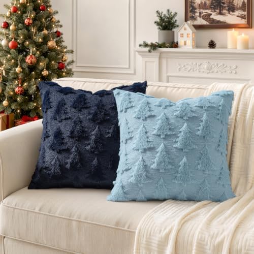 MIULEE Christmas Throw Pillow Covers Navy Blue Christmas Decorations Set of 2 Xmas Tree 18x18 Pillow Covers Soft Plush Faux Wool Pillowcases Holiday Festivals Winter Home Decor Sofa Couch Bed Porch