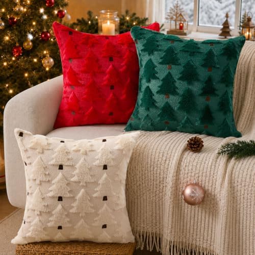 Allorry Christmas Pillow Covers 20x20 inch Set of 2 Christmas Decorations Soft Plush Faux Fur Wool Beige Christmas Tree Throw Pillow Cases Winter Holiday Decor for Sofa Living Room PT-012R20