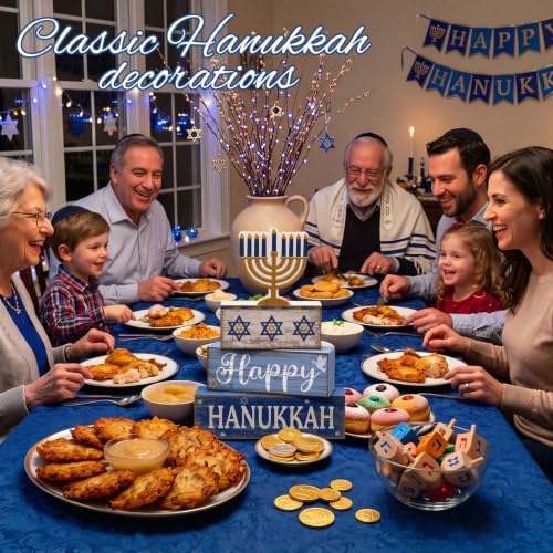 Lineshading 4 Pcs Hanukkah Table Decor for Home, Wooden Menorah Block Signs