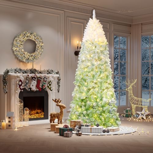 GarveeHome 7.5 ft Prelit Artificial Christmas Tree with RGB & Warm White Lights, Pre-Lit Snow Flocked Pencil Christmas Tree, Foldable Base,Holiday Decoration for Home, Office, Party,Green Gradient
