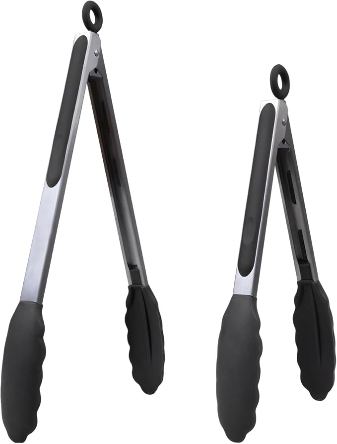 Kitchen Tongs for Cooking with Non-Stick Silicone Tips, 600°F Heat Resistant Silicone Cooking Food Tong Set Heavy Duty Stainless Steel Handle for Baking Grilling BBQ Salad Serving, 9" and 12"