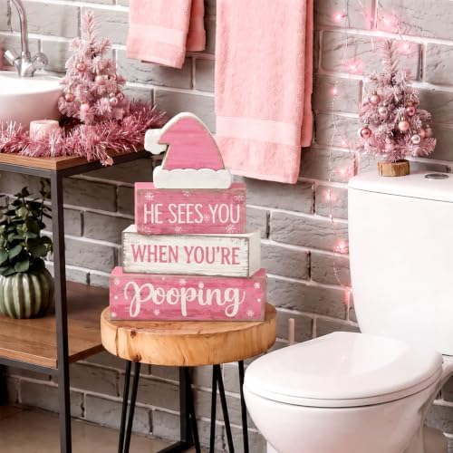 Moucuny 4 Pcs Funny Christmas Bathroom Decor Pink Santa Hat Wooden Signs