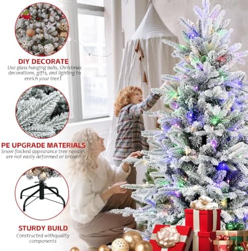 YUNKE 8FT Prelit Flocked Christmas Tree with Fluffy Tips & 9 Lighting Modes