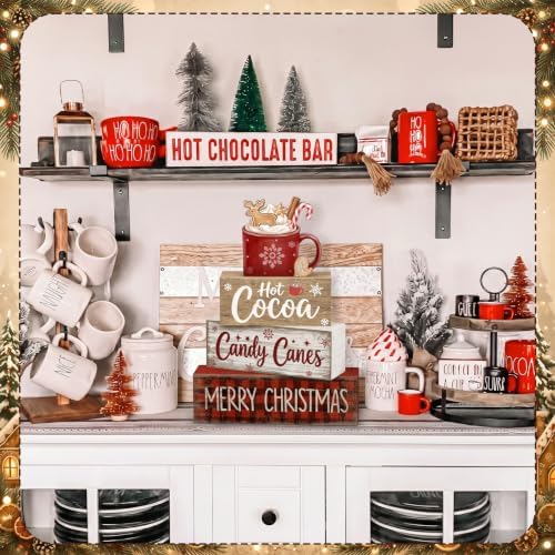 Moucuny 4 Pcs Christmas Table Decorations Wooden Hot Chocolate Cocoa Stacked Wooden Blocks Christmas Tiered Tray Decor with Cocoa Mug, Candy Canes Winter Centerpiece for Home Offiece Coffee Bar