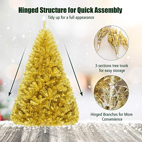 Happygrill 6FT Golden Christmas Tree Artificial Tinsel Xmas Tree with Metal Stand, 1036 Branch Tips Artificial Hinged Christmas Tree for Holiday Decoration
