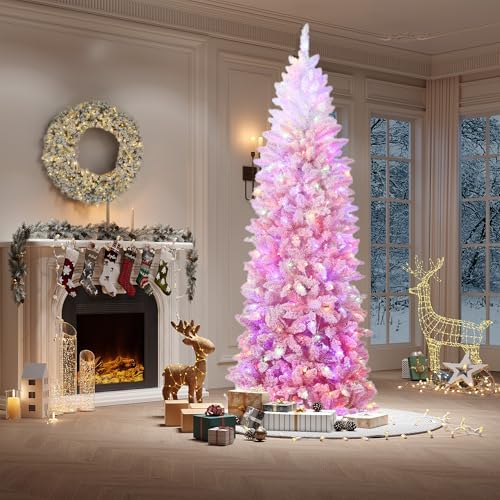 GarveeHome 7.5 ft Prelit Artificial Christmas Tree with RGB & Warm White Lights, Pre-Lit Snow Flocked Pencil Christmas Tree, Foldable Base,Holiday Decoration for Home, Office, Party,Pink Gradient
