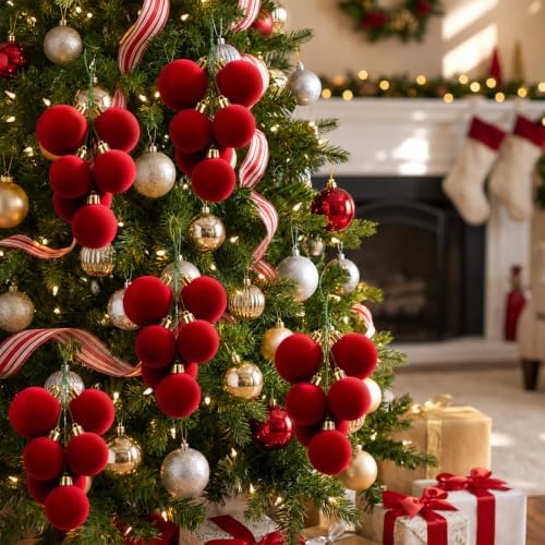 Roowest 8 Sets Large Red Velvet Christmas Ball Clusters Ornaments Decor