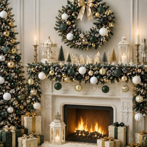 Lunmon 64 Pcs Christmas Ball Ornaments Emerald Green Champagne Gold White