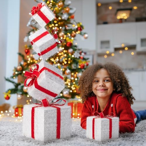 VINGLI 3FT Christmas Lighted Gift Boxes Decorations with Plug, Light up Present Boxes Ornament with Pre-lit LED Lights Pre-Secured Bowknot for Indoor or Outdoor Christmas Decorations, Beige & Red