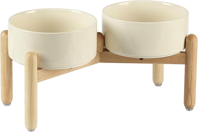 Havniva Elevated Dog Bowls Ceramic Dog Bowls with Stand, Dog Food Bowl | 7.3” Raised Dog Bowls with Non-Slip Wood Stand, Dog Food and Water Bowl Set, Double Dog Feeding Bowls for Medium Dogs