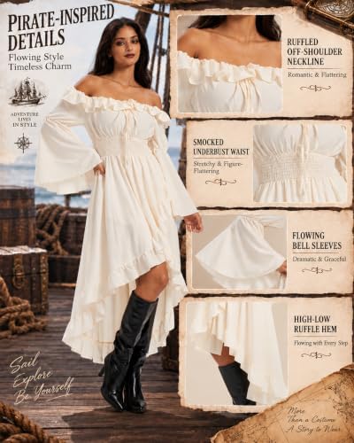Pirate Costume Women, Renaissance Dress with Corset Belt, 4-Piece