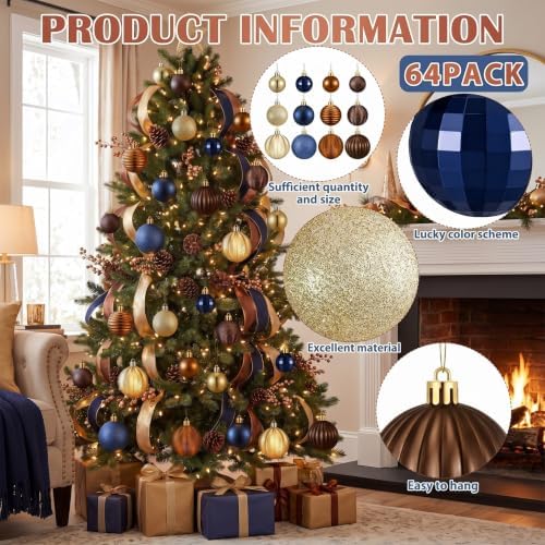 Lunmon 64 Pcs Christmas Ball Ornaments Navy Blue Gold Copper Brown Babules