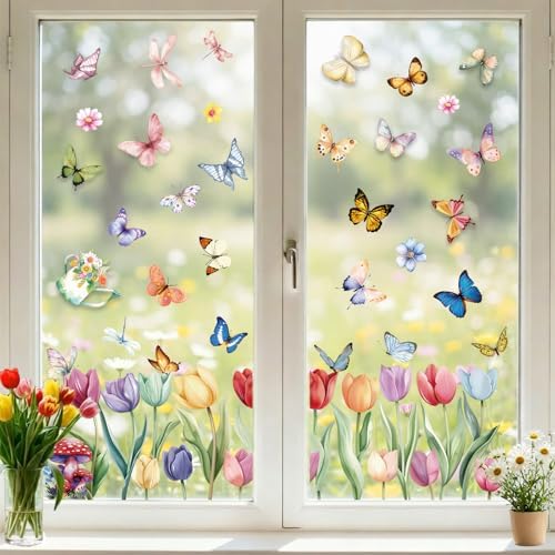 9 Sheets Spring Window Clings Decor, Tulip Floral Butterfly Window Stickers