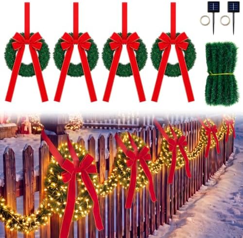 Hotop 8 Pcs Christmas Fence Decorations Outdoor with Solar Lights
