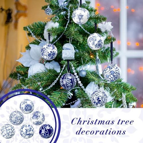 Cindeer 12 Pcs Blue and White Christmas Porcelain Balls, Elegant Style