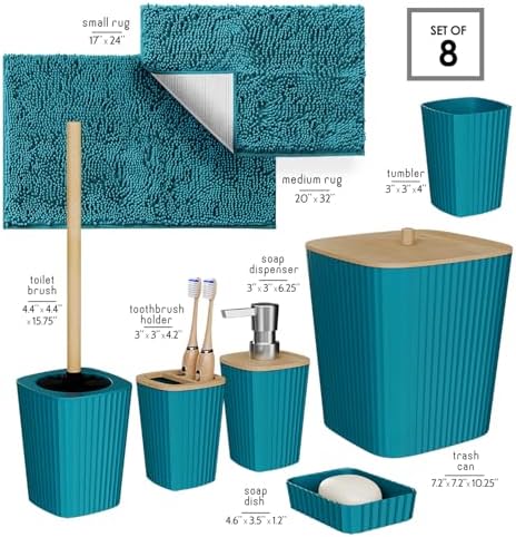 Clara Clark Bathroom Set - Teal Bathroom Accessories Set, 6PC Bathroom Accessory Set, Bathroom Sets with Bathroom Rugs, Toilet Brush, Trash Can & Soap Dispenser
