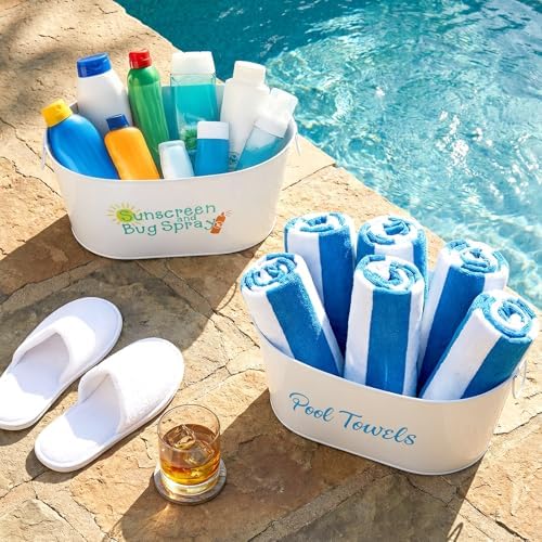Blulu 2 Pcs Poolside Storage Bucket Metal Sunscreen Towel Holder Organizer