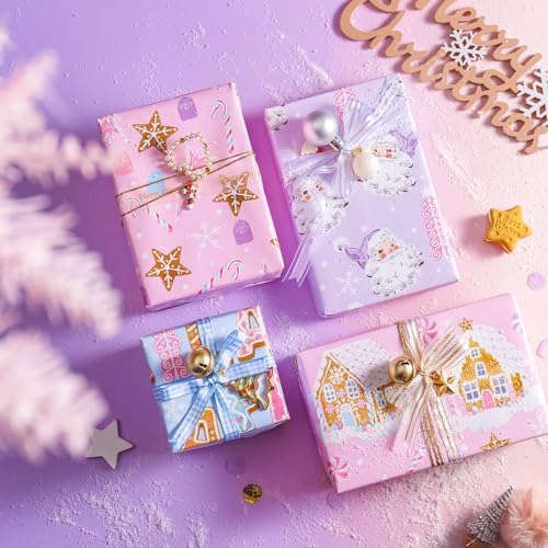 WRAPAHOLIC 30 Inch Christmas Wrapping Paper Roll - Jumbo Roll Pastel Pink Purple Gingerbread House and Santa Claus Design with Embossed - 4 Rolls - 30 Inch x 120 Inch Per Roll