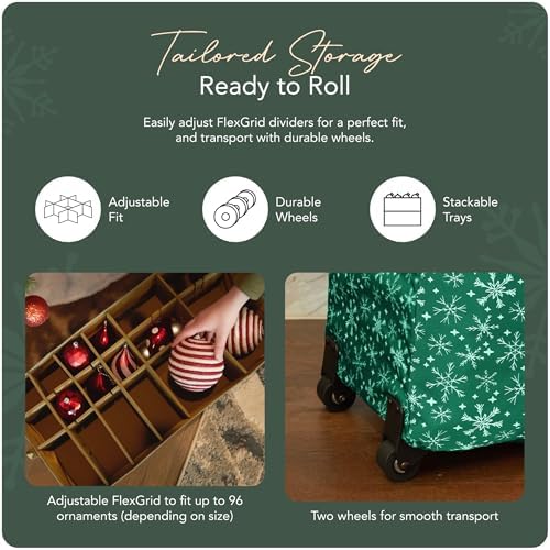 Covermates Keepsakes Rolling Adjustable Ornament Storage Bag – Heavy-Duty Polyester, FlexGrid Trays & Padded Dividers – Protective Holiday Organizer with Wheels, Handles & ID Window, Green Snowflake