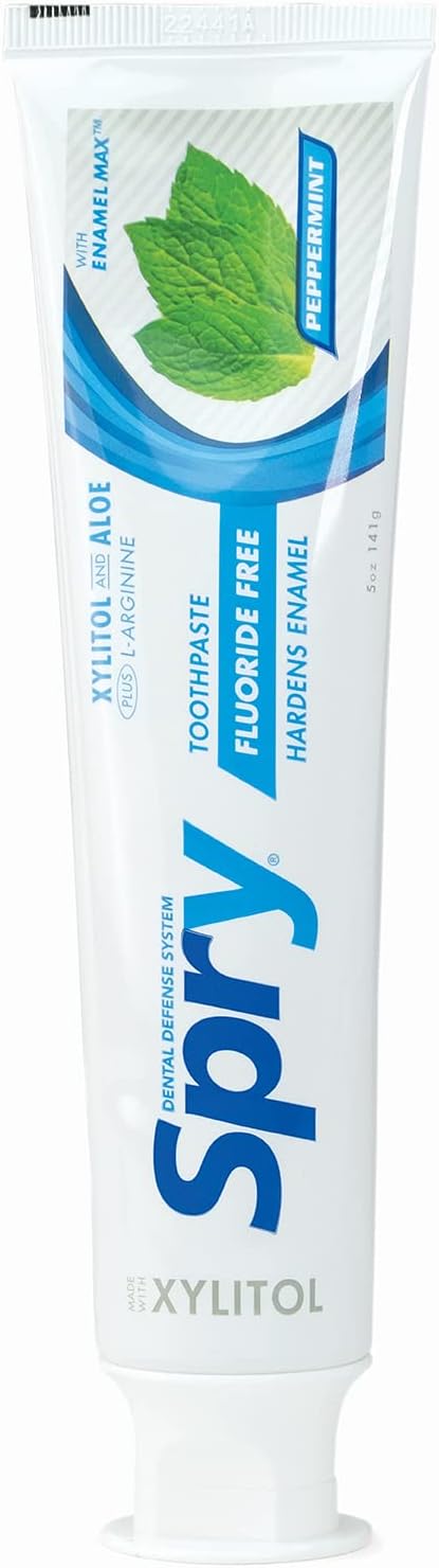 Spry Natural Fluoride Free Xylitol Toothpaste, 5oz Peppermint (Pack of 6) | Gentle for Sensitive Teeth Whitening and Remineralizing, Bad Breath Freshening, Dry Mouth Moisturizing, for Adults and Kids