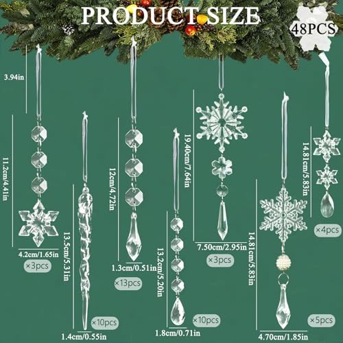 Crystal Christmas Tree Ornaments, Clear Acrylic Snowflake & Icicle, 48pcs