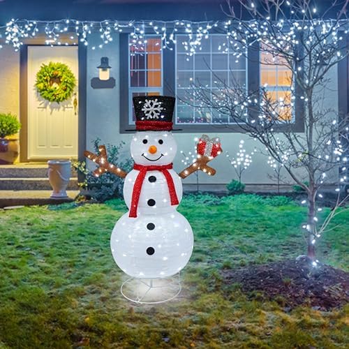 Outdoor Snowman Lighted, Pop-Up Snowman Outdoor Yard Christmas Decorations Prelit 100 Lights, Collapsible Lighted Snowmen Wears Red Scarf and Holds Light Up Gift Box for Home Porch Yard Décor-Red