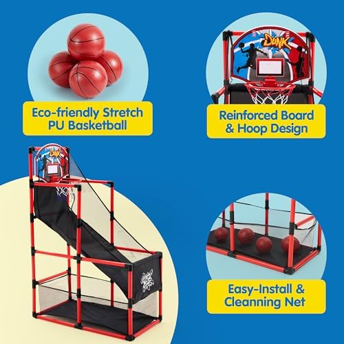 JOYIN Red Arcade Basketball Game Set, Indoor Basketball Hoop for Kids 3+ Years Old, Easy Set Up Sports Toy with 4 Balls, Gifts for Boys and Girls