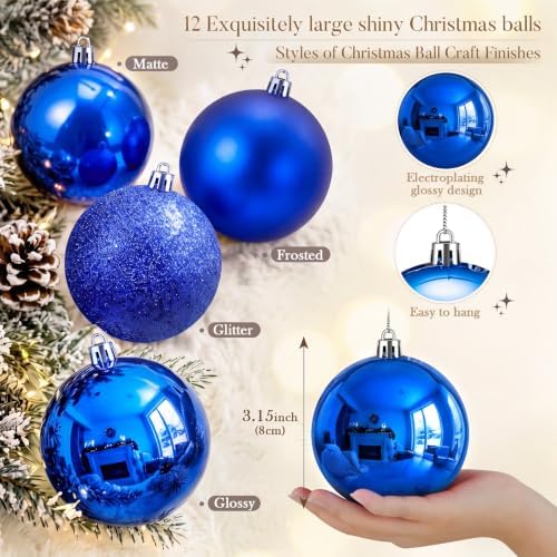 Jenaai 12 Pcs Blue Christmas Ball Ornaments 3.15Inch Plastic Hanging Bauble