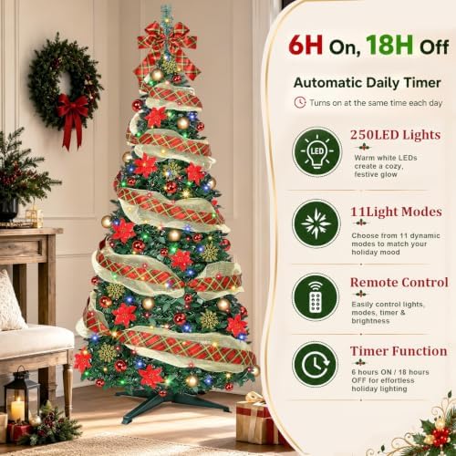 6 Ft Pop up Christmas Tree,Collapsible Christmas Tree with Lights 200 LED Pre-Lit Christmas Trees Plug-in with Remote Timer 8 Lighting Modes for Outdoor Indoor Party Christmas Decor