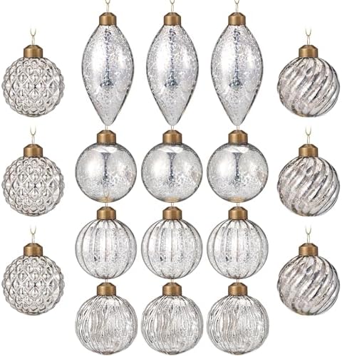Syhood 18 Pcs Silver Christmas Mercury Glass Balls Ornaments, 6 Styles