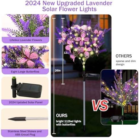 Kohlrabi Solar Garden Lights Outdoor, 2 Pack Solar Butterfly Lights Purple Lavender Gardening Gifts for Women, Artificial Flower with Butterfly Purple Garden Decor for Lawn Patio-Warm White