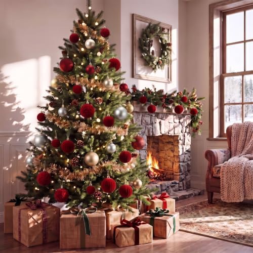 Civaner 52 Pcs Velvet Christmas Ball Ornaments Flocked Christmas Tree Hanging Ornaments 3 Assorted Size Shatterproof Xmas Ball Decorations Set for Xmas Holiday Winter Party Decor(Multicolor)