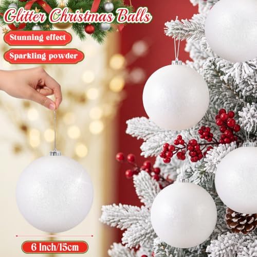 Zubebe 6 Inch 12 Pack Glitter White Christmas Ball Ornaments, Plastic Hanging Ornaments for Tree Decorations, Large Hanging Holiday Baubles for Christmas Tree Winter Party Wedding Home Decor