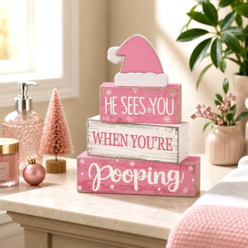 Moucuny 4 Pcs Funny Christmas Bathroom Decor Pink Santa Hat Wooden Signs
