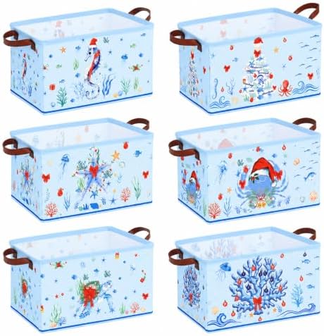 CHENGU 6 Pack Christmas Storage Bins Collapsible Coastal Christmas Baskets