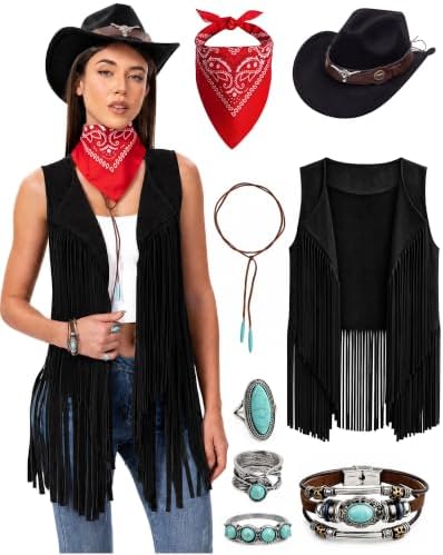 Women Western Cowgirl Outfit 8Pcs Tassel Vest Hat Bandana Jewelry Set