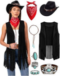 Women Western Cowgirl Outfit 8Pcs Tassel Vest Hat Bandana Jewelry Set
