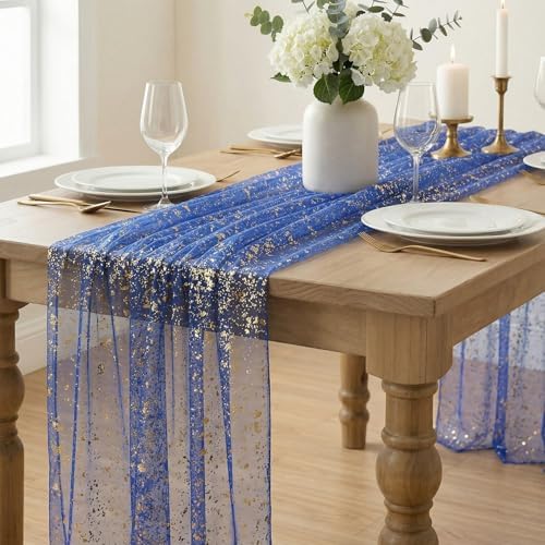 Artoid Mode Blue Gold Gauze Table Runner 59x120 Inch 10FT, Glitter Metallic Foil Sheer Dining Wedding Anniversary Holiday Table Decor for Home Party