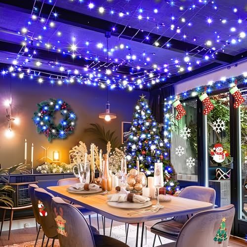 KNONEW Outdoor Christmas Lights 500 LED 197ft String Lights 8 Modes & Memory Fairy Light Plug in Waterproof LED String Lights for Xmas Yard Tree Wedding Party (Blue and White)