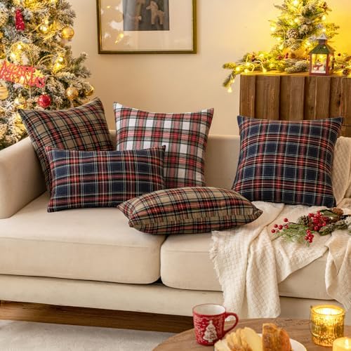 MIULEE Christmas Plaid Pillow Covers Scottish Tartan 18x18 Red and White
